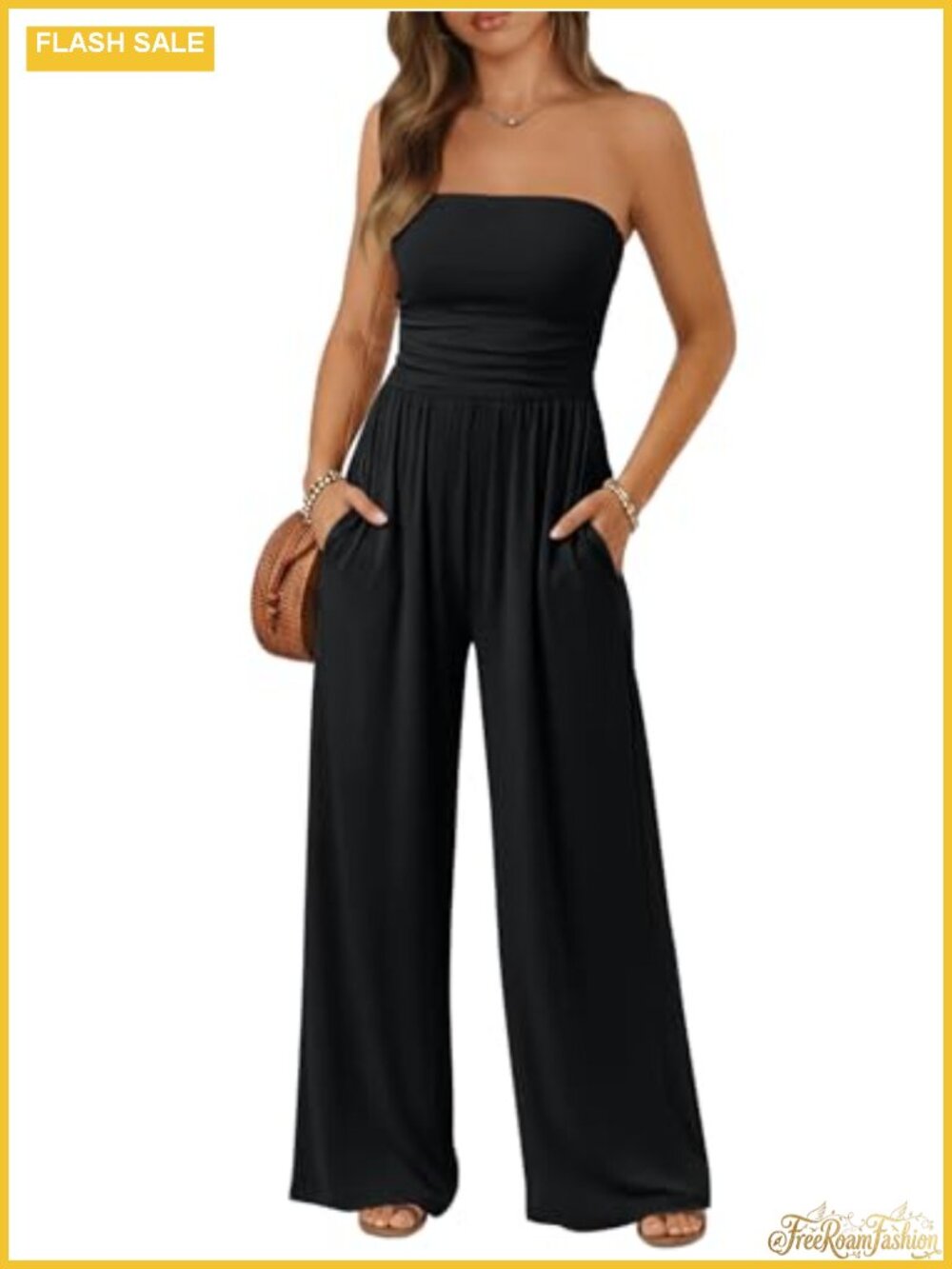 Trendy Queen Womens One Piece Strapless Jumpsuit Wide Leg Romper 92% Rayon 8%